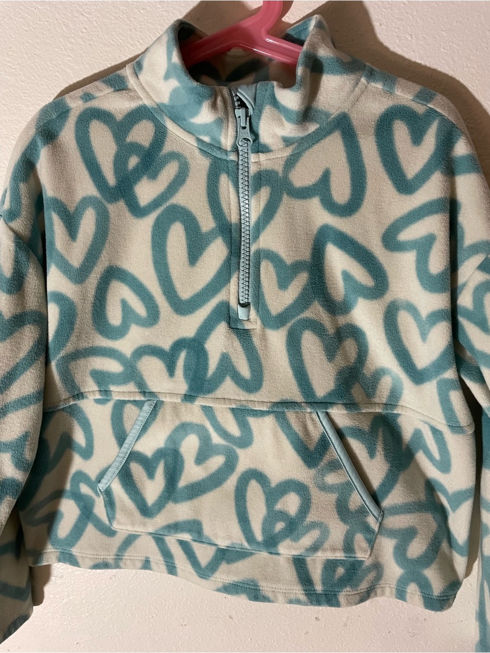 Athletic Works Cream & Teal Heart Cowl Neck Fleece Pullover